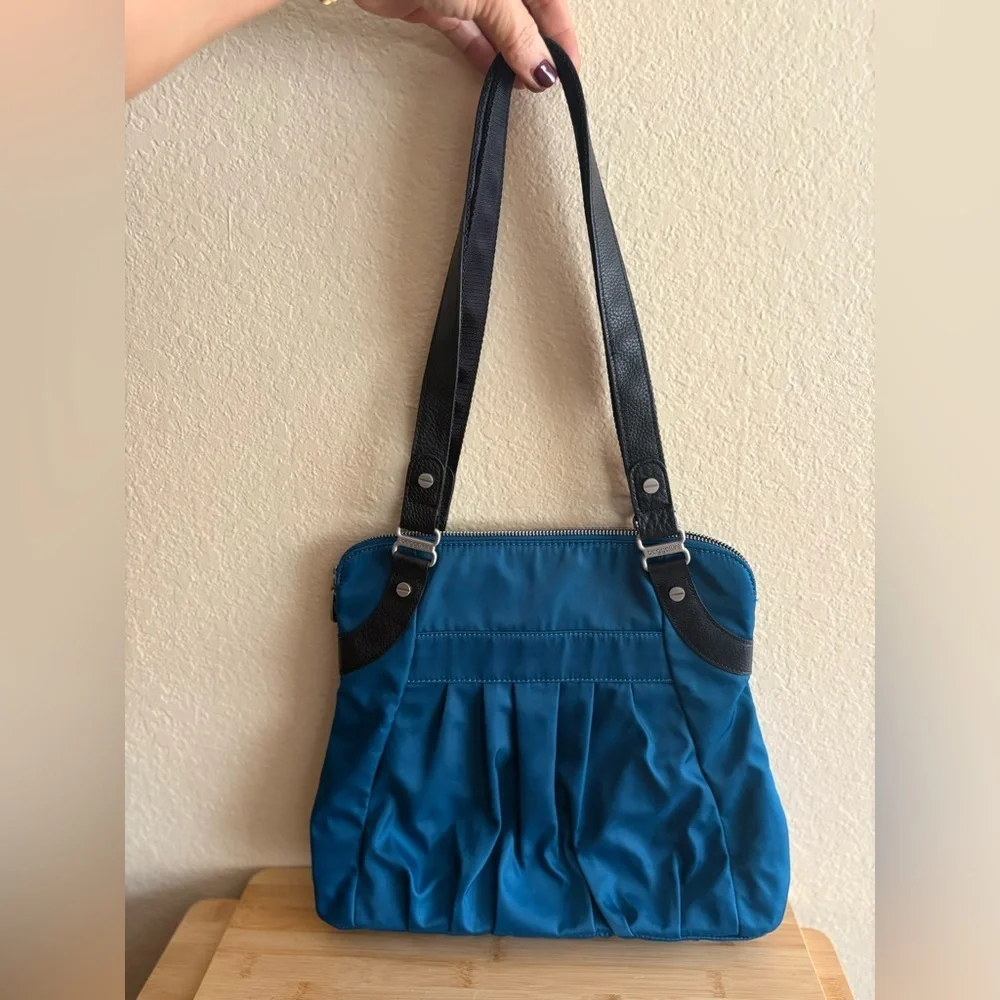 Bagallini Audrey Teal Peacock Blue Pleated Nylon Shoulder Bag